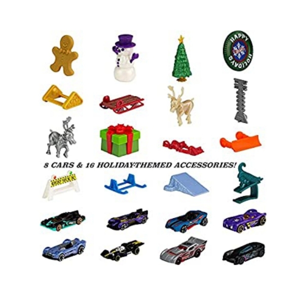 Hot Wheels 8 Toy Cars 16 Holiday Accessories Kids Christmas Advent Calendar NEW - Picture 6 of 12